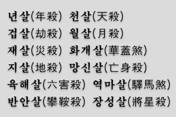  12신살은(十二神煞) 년살(도화살), 천살, 겁살, 월살, 재살, 화개살, 지살, 망신살, 육해살, 역마살, 반안살, 장성살로 구성되어 있다. 사주에 살이 있다고 부정적으로만 해석할 수 없고 사주명식이나 대운에 따라서는 삶의 활력소가 된다. 자신의 사주에 신살이 있는지 찾아보자.