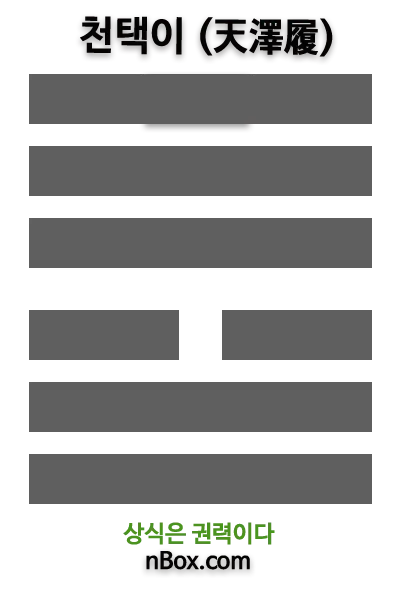 천택리(天澤履) 위는 하늘(天)이고 아래는 못(澤)이다. 이(履)는 ‘밟는다’ ‘따른다’ ‘예절’이라는 뜻이다. 하늘 아래 연못이 있는 형국이니 부족함이 없이 풍요롭기에 예절을 지켜야 한다. 이 쾌를 얻은 자는 상황 파악을 잘 하고 타인에게 겸손하고 신중하게 처신해야 한다.