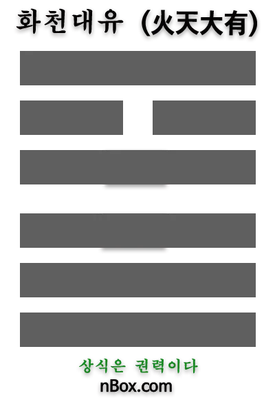 화천대유(火天大有)는 주역의 14번째 쾌로 불(火)은 태양이고 아래는 하늘(天)이다. 대유(大有)는 크게 만족하여 모든 것을 얻는 상태이다. 불과 하늘이 만나서 큰 기운을 이루는 이 쾌는 성공의 기운이 있다.  시불가실(時不可失) 물실호기(勿失好機)이다.