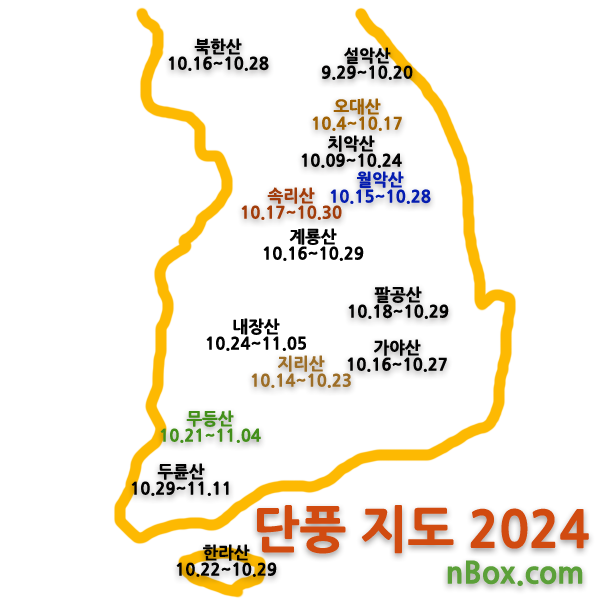 2024년 단풍이 드는 시기를 지도로 정리했습니다. 올해는 이상기온과 폭염 등으로 단풍이 예쁘게 물들지 않을 것 같은 걱정도 들지만 그래도 한 해를 마무리하는 자연의 멋진 경관을 단풍 명소에서 즐기시기 바랍니다. 2004년 단풍지도를 보고 가을을 즐기시기 바랍니다.