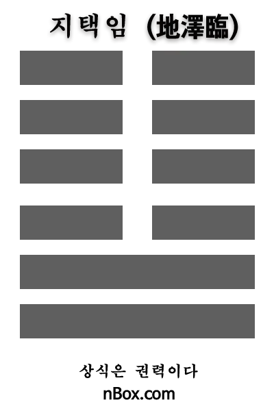 지택임 (地澤臨)은 주역의 19번째 쾌이다. 상쾌는 땅(地)이고 하쾌는 못(澤)이다. 임(臨)은 ‘순서를 밟다’ ‘군림하다’라는 뜻이다. 그러므로 땅속에 있는 물이 지상으로 올라오는 형상이며 새로운 시작에 임한다는 뜻에서 임(臨)을 괘의 이름으로 한다.