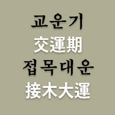 사주에서  교운기(交運期)는 말 그대로 운이 바뀌는 기간이라는 뜻이다. 접목(接木)대운이란 지지가 진술축미(辰戌丑未)인 대운으로 하나의 기운이 다음 기운으로 넘어가는 시기이다. 이때가 인생에서 가장 고비가 되기도 하고 새로운 큰 전환점을 가져올 시기이다.